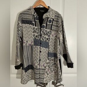 Harshita quilted silk kimono jacket blazer black white geometric design sz M
